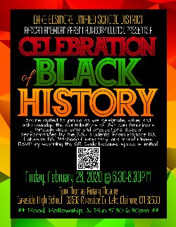 You\'re invited to LEUSD and AAPAC\'s Celebration of Black History special event on February 28, 2020, 6:30 - 8:30 p.m., at Lakeside High School, in the Tom Thomas Rotary Theatre, 32593 Riverside Dr., Lake Elsinore, CA 92530.